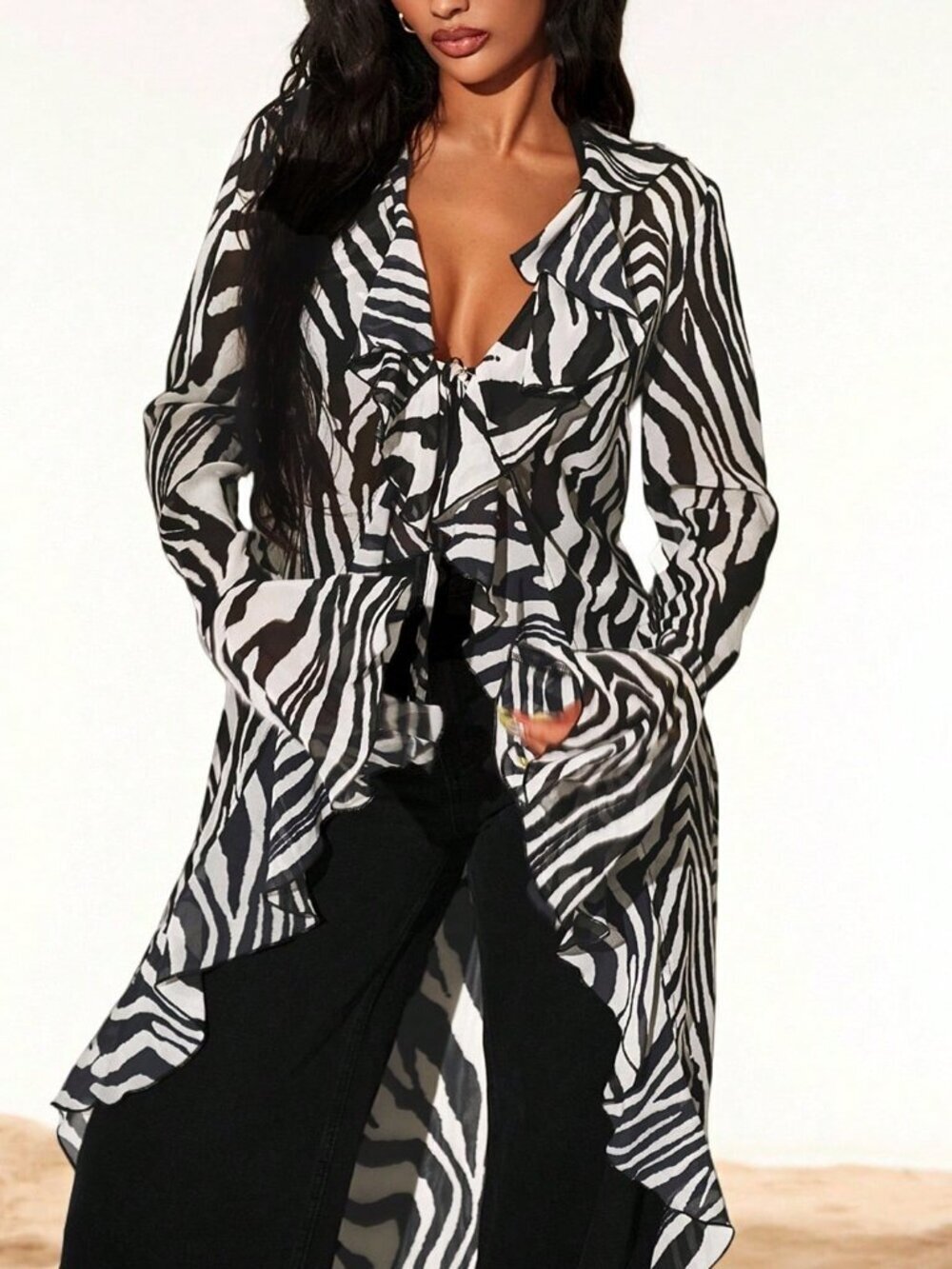 Multicolor Casual Women's Boho Chiffon Cardigan with Zebra Print and Ruffle Trim - Picture 5 of 6